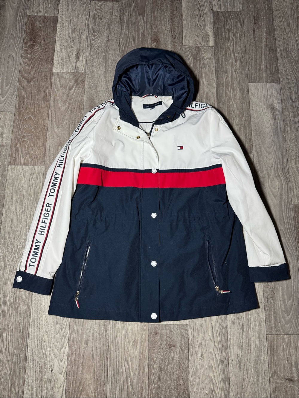 Tommy Hilfiger Navy White and Red Colorblock Hooded Utility Jacket